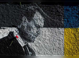 A red carnation flower is seen attached to mural dedicated to late Russian opposition leader Alexei Navalny that has been spray-painted on the wall of a property owned by the family of former Czech foreign minister Karel Schwarzenberg behind a monument to Soviet soldiers at Schwarzenberg Square in Vienna, Austria on April 2, 2024.