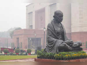 New Delhi: Mahatma Gandhi's statue at Parliament House complex ahead of the Budg...