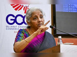 Ahmedabad: Union Finance Minister Nirmala Sitharaman addresses during an interac...