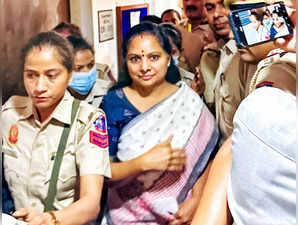 New Delhi, Apr 09 (ANI): BRS leader K Kavitha being brought to Rouse Avenue cour...