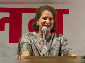 Congress leader Priyanka Gandhi speaks during a 'workers meeting', in Rae Bareli.