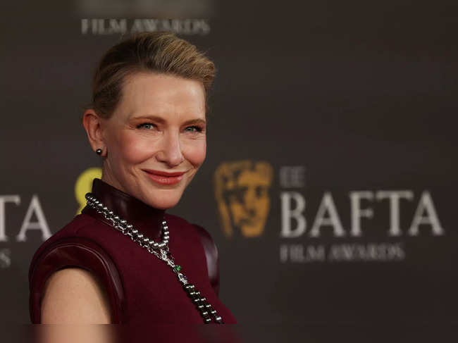 Australian actress Cate Blanchett poses on the red carpet upon arrival at the BAFTA British Academy Film Awards at the Royal Festival Hall, Southbank Centre, in London, on February 18, 2024.