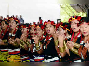 Nagaland, Nov 11 (ANI): Sumi Naga community people wearing traditional attires p...