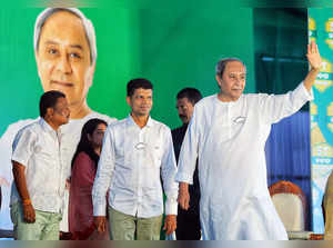 Ganjam, May 10 (ANI): Odisha Chief Minister Naveen Patnaik waves his hand during...