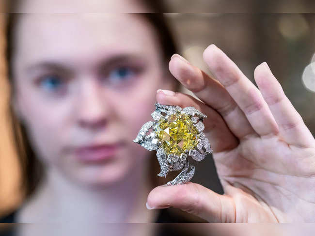 The Allnatt, a 101.29-carat yellow diamond is displayed ahead of auction in Geneva