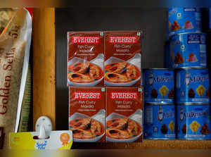 FILE PHOTO: Boxes of Everest fish curry masala are stacked on the shelf of a shop at a market in Srinagar