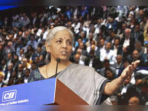 New Delhi: Union Finance Minister Nirmala Sitharaman addresses at the CII Annual...