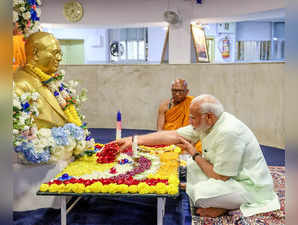 Mumbai, May 17 (ANI): Prime Minister Narendra Modi pays floral tribute to Dr Bab...