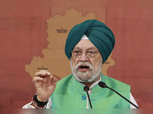 New Delhi: Union Minister Hardeep Singh Puri addresses a press conference, amid ...