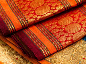 ?Silk-cotton blend sari with geometric prints