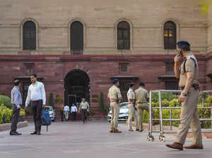 New Delhi: Police personnel guard during searches at the Ministry of Home Affair...