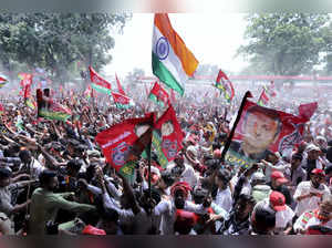 Prayagraj: Samajwadi Party supporters during a public meeting for Lok Sabha poll...