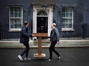 A lecturn is placed outside of 10 Downing Street in central London, on May 22, 2024, ahead of a speech by Britain's Prime Minister