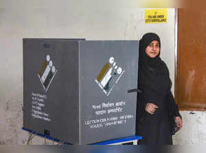 Nuh: A woman during casting her vote for the sixth phase of Lok Sabha elections,...