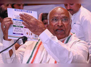 Mallikarjun Kharge, President of the Indian National Congress (INC) party, speaks during a press conference on the outskirts of Amritsar on May 28, 2024, during country's ongoing general election.