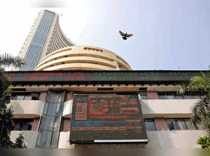 FILE PHOTO: A bird flies past a screen displaying the Sensex results on the facade of BSE building in Mumbai