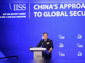 China's Defence Minister Dong Jun speaks during the 21st Shangri-La Dialogue summit at the Shangri-La Hotel in Singapore on June 2, 2024.