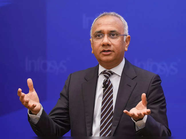 Bengaluru: Infosys CEO Salil Parekh speaks during the announcement of Q4 results...