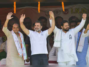 Patna: Congress leader Rahul Gandhi, RJD leader Tejashwi Yadav and INDIA allianc...