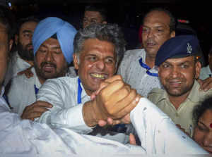 Chandigarh: Congress leader and INDIA bloc candidate Manish Tewari celebrates wi...
