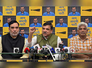 New Delhi, Jun 04 (ANI): Aam Aadmi Party (AAP) MP Sanjay Singh addresses a press...