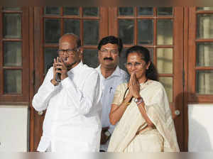 New Delhi: NCP(SP) Chief Sharad Pawar with party leader Supriya Sule arrives for...