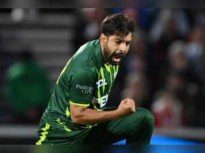 Pakistan's Haris Rauf celebrates after taking the wicket of England's Phil Salt during the fourth T20 international cricket match between England and Pakistan at The Oval, in London on May 30, 2024.
