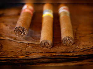 Cigars lie on tobacco leaves in a store in Nijmegen