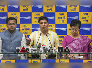 New Delhi: AAP leaders Saurabh Bharadwaj, Atishi Singh and Jasmine Shah address ...