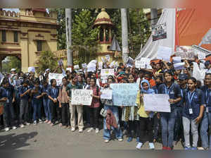 Varanasi: Students stage a protest demanding re-examination of NEET-UG 2024 resu...