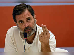 India's Congress party leader Rahul Gandhi speaks during a press conference in Ghaziabad on April 17, 2024, ahead of the country's upcoming general elections.