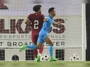 India's forward #17 Lallianzuala Chhangte celebrates after scoring his team's first goal during the 2026 FIFA World Cup AFC qualifiers football match between Qatar and India at the Jassim Bin Hamad Stadium in Doha on June 11, 2024.