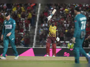 West Indies' Sherfane Rutherford reacts after scoring 50 runs during the men's T...