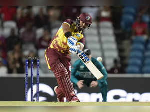West Indies' Nicholas Pooran bats during the men's T20 World Cup cricket match b...