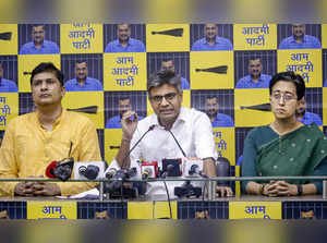 New Delhi: AAP leaders Sandeep Pathak, Atishi and Saurabh Bharadwaj address a pr...