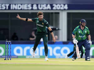 Pakistan's Shaheen Shah Afridi celebrates the wicket of Ireland's Andrew Balbirn...