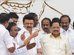 Chennai: Tamil Nadu Chief Minister MK Stalin with DMK leaders after releasing a ...
