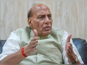 New Delhi: Union Defence Minister Rajnath Singh during an interview with PTI, in...