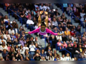 US gymnast Simone Biles competes in the floor event during the Core Hydration Classic at XL Center in Hartford, Connecticut, on May 18, 2024.