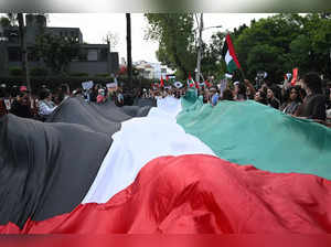 Demonstrators wave a Palestine flag during a pro-Palestinian rally called "Urgent action for Rafah", in front of the Israeli embassy in Mexico City on May 28, 2024.