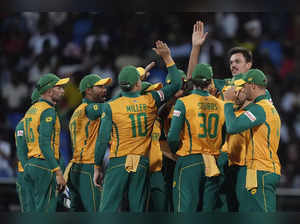 South African players celebrate the wicket of West Indies' Shai Hopeduring the I...