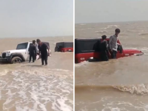 Viral Video: SUV stunt gone wrong. College students left stranded after driving Mahindra Thar into sea for reels