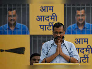 Arvind Kejriwal, Chief Minister of the capital Delhi and leader of the Aam Aadmi Party (AAP), greets his supporters and party workers at the AAP's headquarters before returning to prison in New Delhi on June 2, 2024.