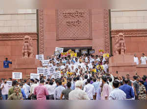 New Delhi: INDIA bloc MPs stage a protest against the alleged misuse of probe ag...