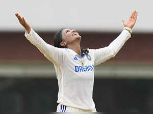 Chennai: India Women's Sneh Rana celebrates the wicket of South Africa's Masabat...