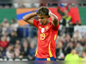 Spain's forward #19 Lamine Yamal reacts to a missed chance during the UEFA Euro 2024 round of 16 football match between Spain and Georgia at the Cologne Stadium in Cologne on June 30, 2024.
