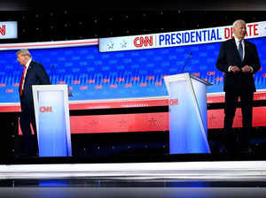 US President Joe Biden and former US President and Republican presidential candidate Donald Trump leave the stage at the end of the first presidential debate of the 2024 elections at CNN's studios in Atlanta, Georgia, on June 27, 2024.