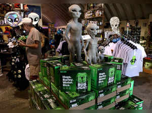 FILE PHOTO: Boxes of alien themed beer are placed at the Alien Research Center in Hiko, as an influx of tourists  responding to a call to 'storm' Area 51 is expected in Rachel, Nevada