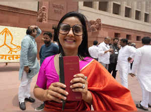 New Delhi: TMC MP Mahua Moitra holds a copy of the Constitution of India at the ...