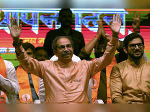 Shiv Sena (UBT) Chief Uddhav Thackeray and Aaditya Thackeray during the ...